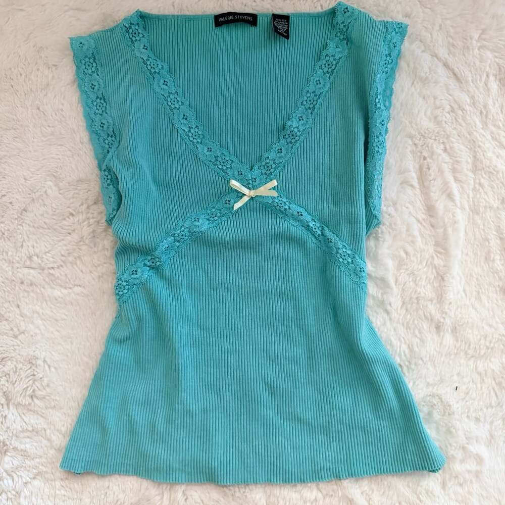 Valerie Stevens Teal Ribbed Knit Top with Lace Trim and Bow Accent Size XL